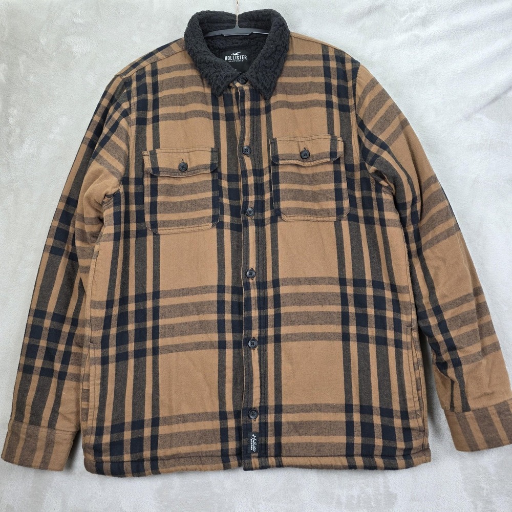 Hollister Jacket Mens Large Tan Black Plaid Sherpa Lined Warm Fleece Shacket